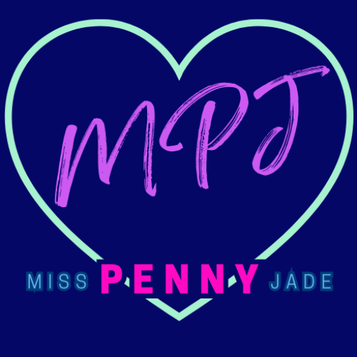 Logo navy background with a mint green heart. The letters MPJ appear within the heart. Text reads Miss Penny Jade